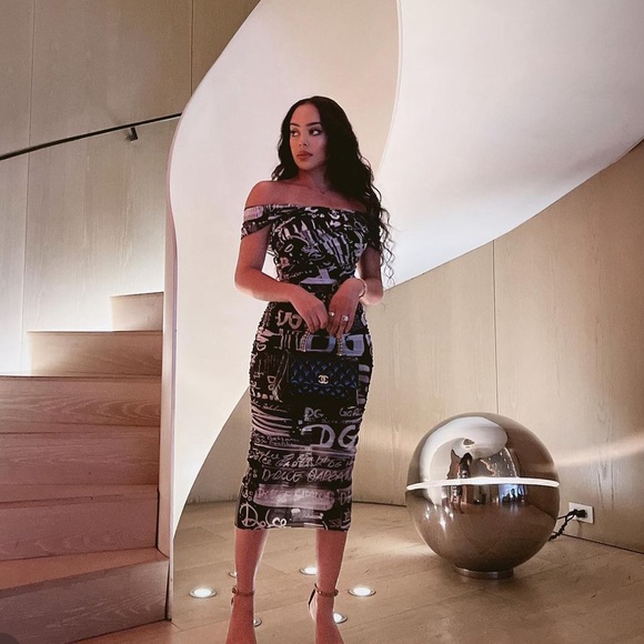 Dolce & Gabanna logo script draped off the shoulder midi dress - Picture 2 of 8